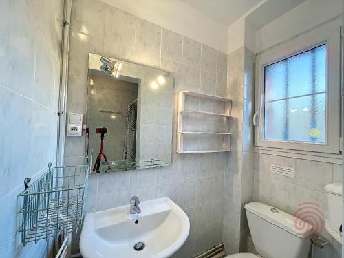 une salle de bain avec un lavabo, des toilettes et un miroir dans l'établissement Charmant T2 avec terrasse Sud, parking, WiFi, animaux acceptés - proche thermes et centre Lamalou - FR-1-451-192, à Lamalou-les-Bains