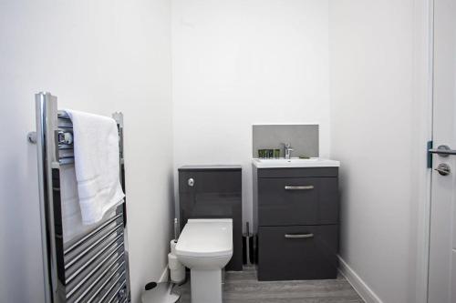 łazienka z toaletą i umywalką w obiekcie Lovely Open Plan 1 Bedroom Apartment in Bolton w mieście Bolton