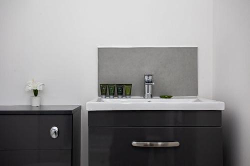 a bathroom with a sink and a mirror at Cosy 1 Bedroom Apartment in Bolton in Bolton