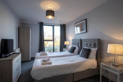 um quarto com duas camas e uma televisão em Stylish and Comfortable 1 Bedroom Apartment in Birmingham em Birmingham
