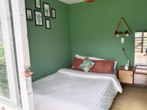 1 dormitorio pequeño con paredes verdes y 1 cama en Dalat Inn ez home en Da Lat