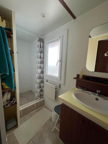 une salle de bain avec un lavabo et une douche dans l'établissement Mobil-home au camping La Lande à Mimizan n°507, à Mimizan