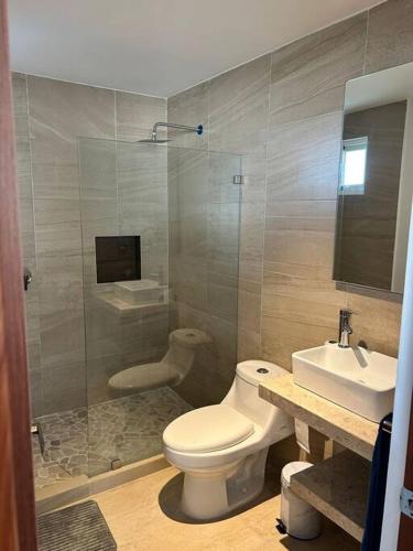 a bathroom with a toilet and a sink and a shower at Vidamar Refugio Costero / Zona Diamante in Acapulco