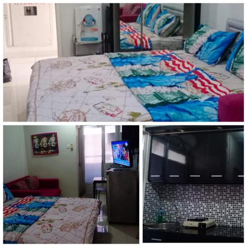 2 Bilder eines Schlafzimmers mit einem Bett und einem TV in der Unterkunft Apartemen studio kalibata city square in Jakarta
