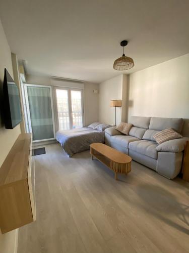 un salon avec un canapé et un lit dans l'établissement Appartement baie de Chingoudy, à Hendaye