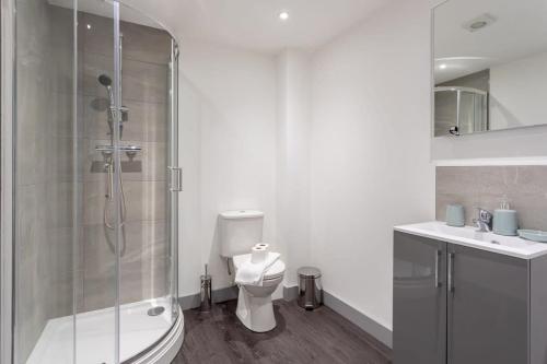 a bathroom with a shower and a toilet and a sink at Charming 1 Bedroom Apartment in Leeds in Leeds