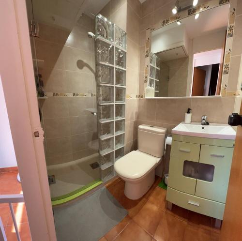 een badkamer met een toilet, een douche en een wastafel bij AP21-Sa Riera in Begur