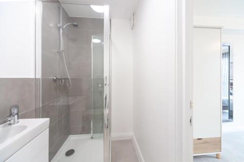 a bathroom with a shower and a sink at Modern 2 Bedroom Apartment in Ashford in Ashford