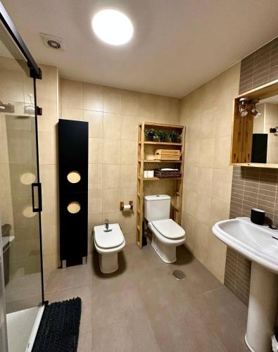 a bathroom with a toilet and a sink at O Picho: apartamento céntrico. in Puentedeume