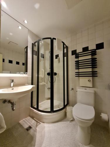 e bagno con doccia, servizi igienici e lavandino. di Hotel Restaurant Hof Hueck a Bad Sassendorf