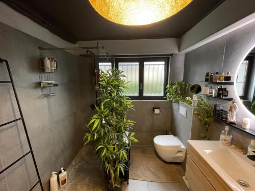 a bathroom with a toilet and plants in it at Casa Lovo in Saint-Laurent-de-Mure