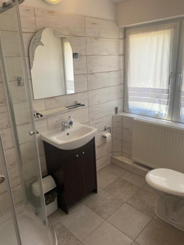 uma casa de banho com um lavatório, um chuveiro e um WC. em Bajkowy Zakątek em Gietrzwałd