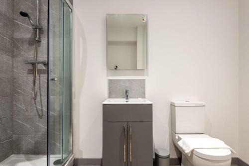 uma casa de banho com um WC, um lavatório e um chuveiro em Lovely 1 Bed Budget Apartment in Central Doncaster em Doncaster