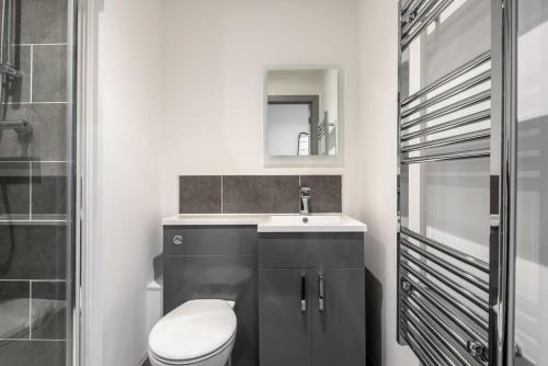 a bathroom with a toilet and a sink and a mirror at Modern 1 Bedroom Apartment in Central Hull in Hull
