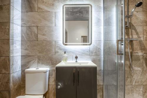 a bathroom with a toilet and a sink and a mirror at Modern 1 Bed Budget Apartment in Darlington in Darlington