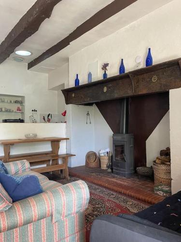 un salon avec un canapé et une cheminée dans l'établissement La Petite Maison Rustique, à Eyzerac