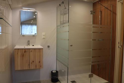 a bathroom with a glass shower and a sink at Ferienhof Gruber in Schrattenbach