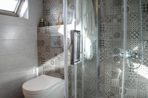 W łazience znajduje się toaleta i przeszklony prysznic. w obiekcie Coastal Stone Hideaway with Stunning Scenery w mieście Kitriaí