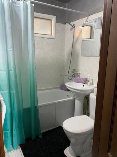 a bathroom with a sink and a toilet and a shower at Тәуелсіздік 89, 1 комнатные апартаменты комфорт класса в центре от компании Home Hotel in Kostanay