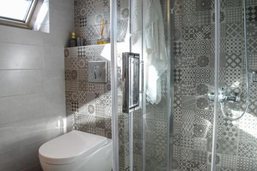 a bathroom with a toilet and a shower at Coastal Stone Residence with Spectacular Scenery in Kitriaí