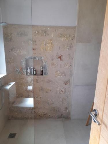 a bathroom with a shower with a stone wall at Jenny's Greek Villa in Levktron