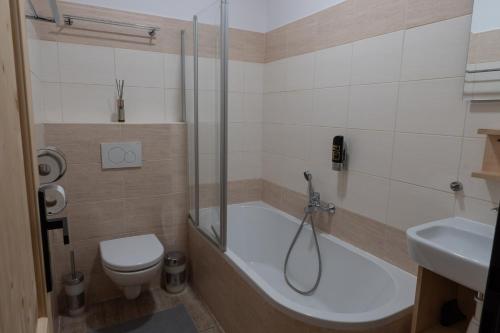 een badkamer met een douche, een toilet en een wastafel bij Koliba Pod Horů in Dolní Bečva