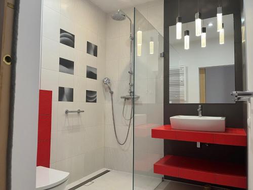 a bathroom with a glass shower and a sink at Apartament z ogródkiem in Rewal