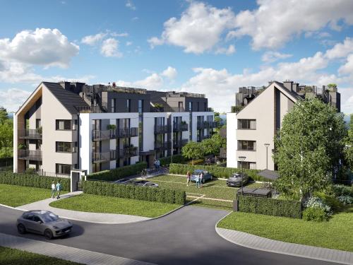 a rendering of an apartment complex with a street at Baltic Line Marina-Mewa in Gdańsk