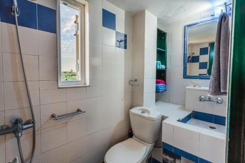 a bathroom with a toilet and a sink and a shower at Kyparissia Seaside Loft-Sunsets near the sea in Míloi