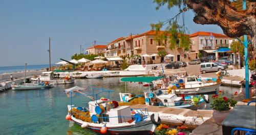 a group of boats are docked in a harbor at Mani Panoramic Views - Private Sunny Retreat in Levktron