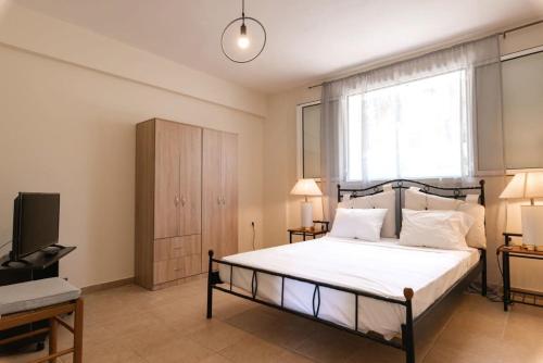 1 dormitorio con 1 cama grande y TV en Skafidia Seaview Retreat - Orpheas Seaview Home, en Skafidia