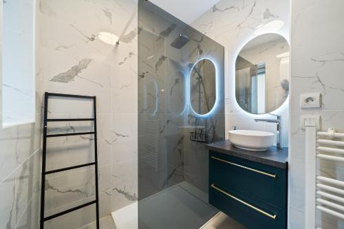 une salle de bain avec un lavabo et un miroir dans l'établissement Charme & Tranquillité : Jardin de l’Arquebuse/Gare, à Dijon