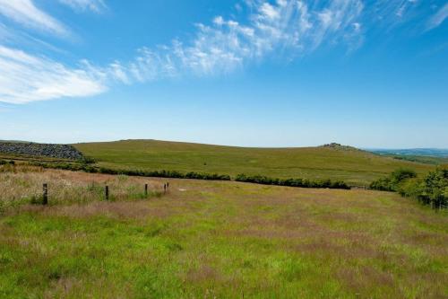 a field of green grass with a blue sky at Dartmoor Barn on North Hessary Tor in Yelverton