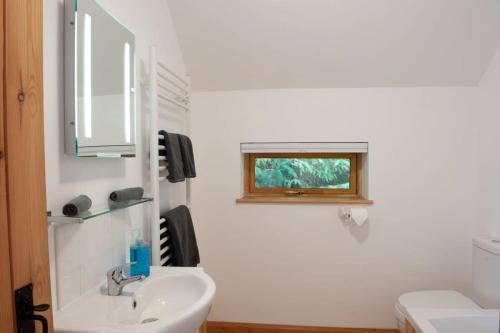 baño blanco con lavabo y ventana en Dartmoor Barn on North Hessary Tor, en Yelverton