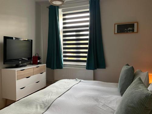 1 dormitorio con 1 cama, TV y ventana en La Majolique, en Namur