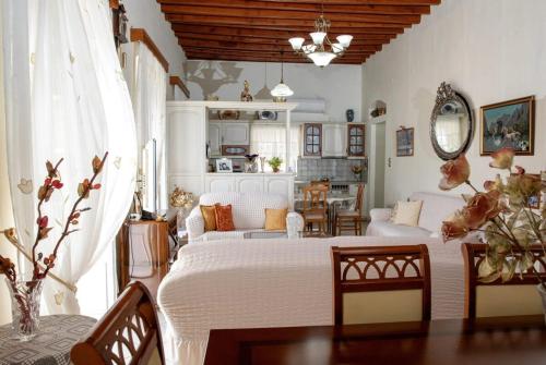 1 dormitorio con 1 cama y sala de estar en Neoclassical Splendor Unique Experience in Leros, en Panteli