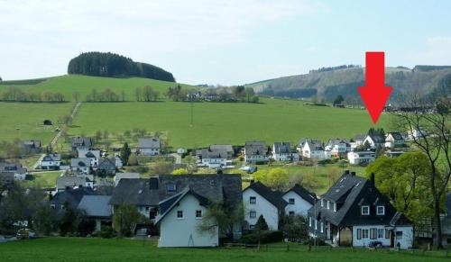 a village with houses and a hill with a red arrow at Chalet Auszeit in Olsberg
