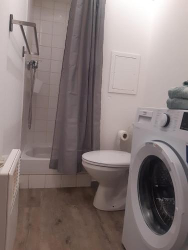 La salle de bains est pourvue de toilettes et d'un lave-linge. dans l'établissement studio en intramuros, à Avignon
