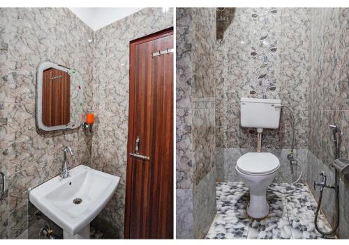 2 fotos de un baño con aseo y lavabo en Ashiyana Hotel en Varanasi