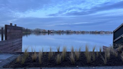 een uitzicht op een meer met gras op de voorgrond bij Studio Lakeview in Goes