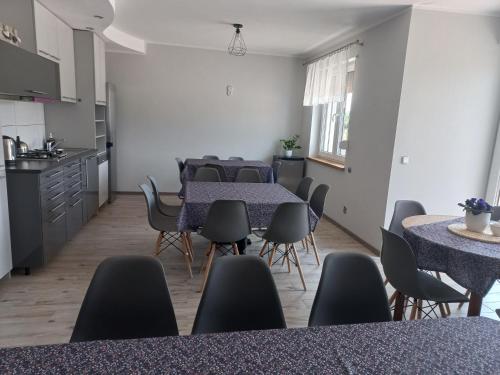 een kamer met een tafel en stoelen en een keuken bij SielAnka in Uniejow