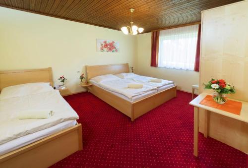 a bedroom with two beds and a red carpet at Ferienhäuser Angela in Unternarrach