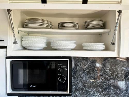 a microwave oven with plates and dishes in it at Vlasic Odmor - Villa Wellnes & spa in Vlasic