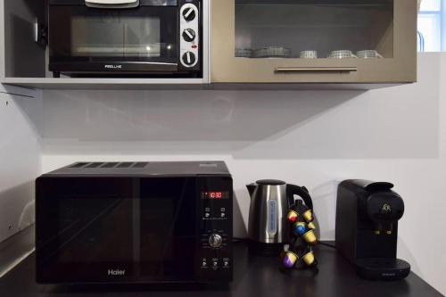 um balcão de cozinha com um micro-ondas e uma torradeira. em Lovely Flat em Meaux