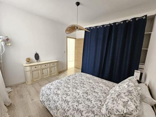 アヴィニョンにあるAppartement intra-murosのベッドルーム(ベッド1台、青いカーテン付)