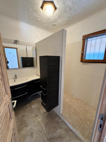 a bathroom with a sink and a large mirror at Appartement à 2 pas de la plage in Olmeto