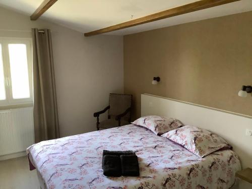 a bedroom with a bed with a blanket and a chair at Autour Des Vignes B&B in Herry