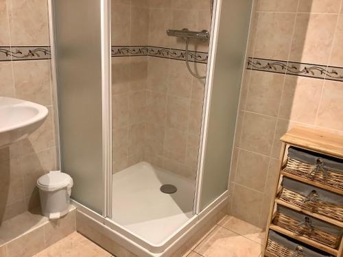 W łazience znajduje się prysznic, toaleta i umywalka. w obiekcie Autour Des Vignes w mieście Herry