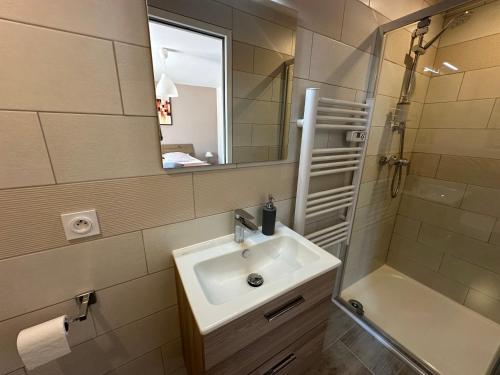 une salle de bain avec un lavabo et un miroir dans l'établissement Les Geckos de Mus, à Mus