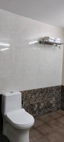 a bathroom with a toilet and a shelf on the wall at Hotel Mount View in Kodaikānāl